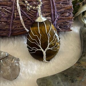 Handmade Tigers Eye Tree of Life Silver tone Pendant 🤎✨